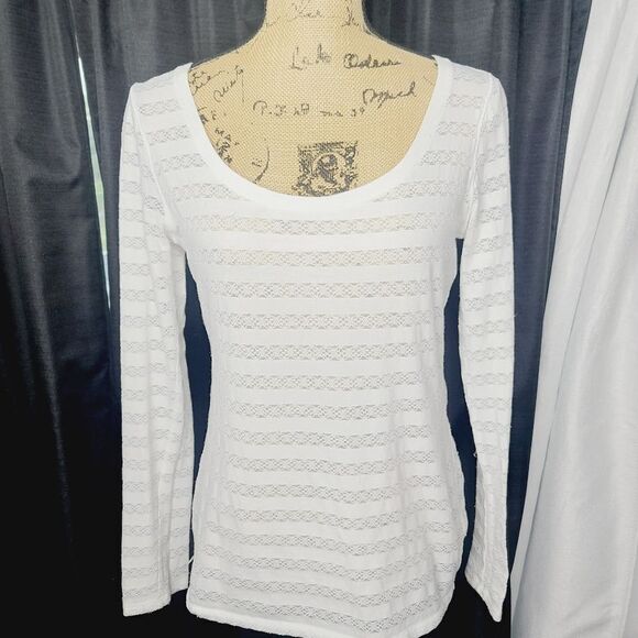 Express White Semi Sheer Striped Scoop Neck Long Sleeve Shirt Medium - Picture 1 of 8
